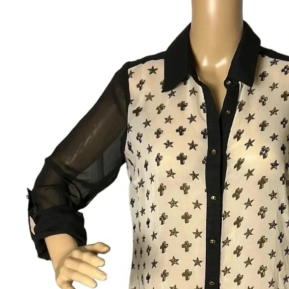 Sheer,lace up,blouse,cross,stars,hi lo,punk,goth,cosplay,steampunk,whimsigoth - Picture 5 of 12